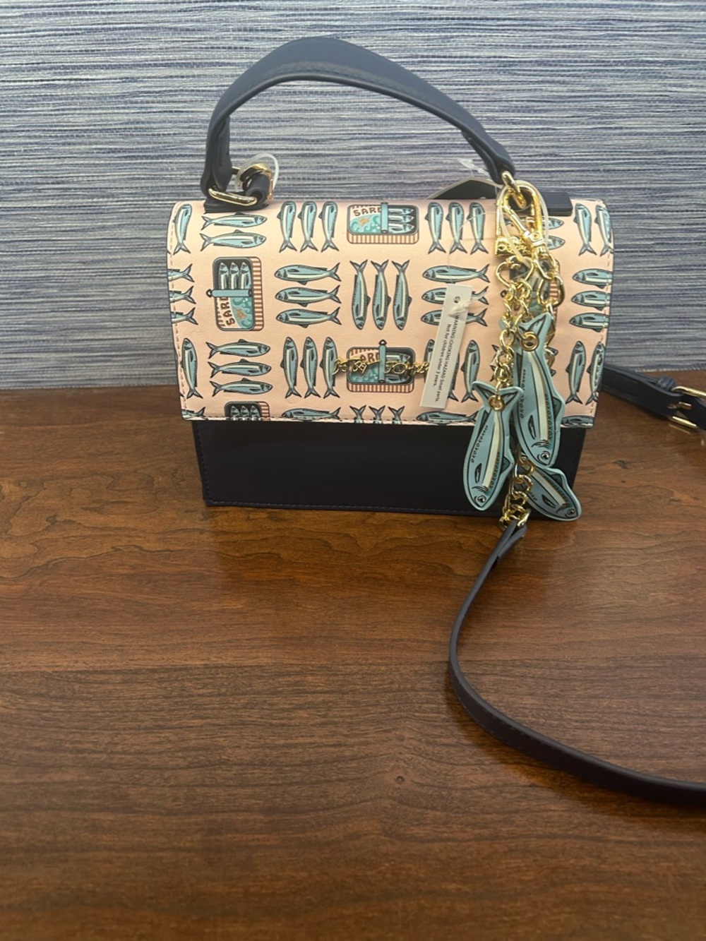 NWT BETSEY JOHNSON XOMYLO2 SATCHEL CROSSBODY BAG NAVY W SARDINE CHARM KEYFOB